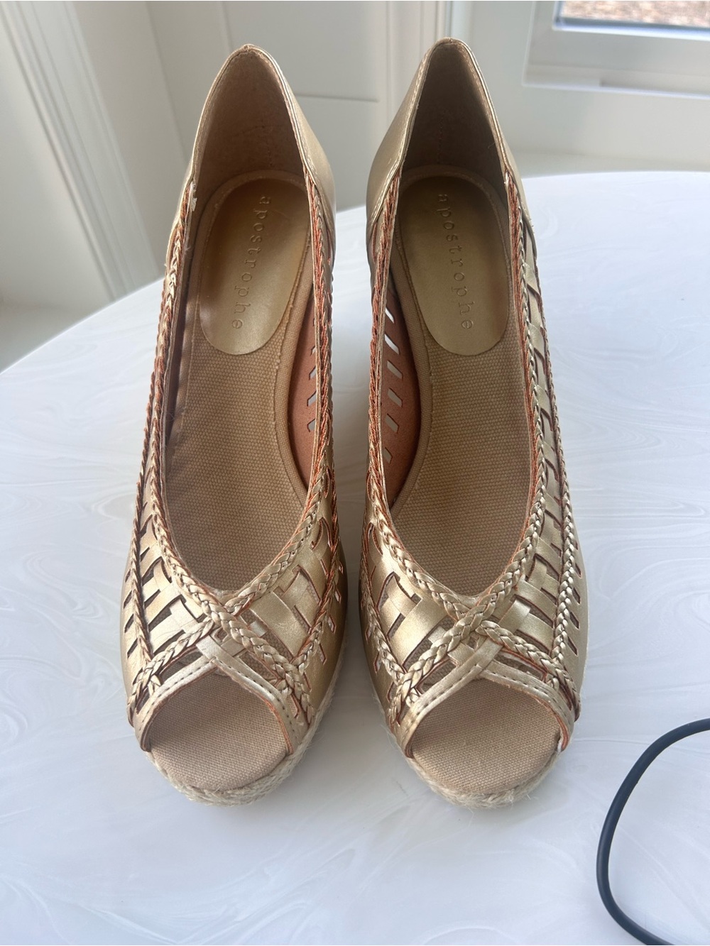 Apostrophe Metallic Gold Braided Espadrille Wedges